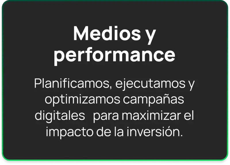 Medios y performance: planificamos, ejecutamos y optimizamos campañas digitales para maximizar el impacto de la inversión.
